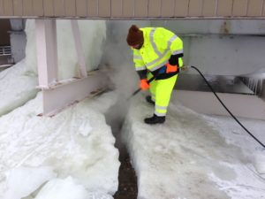 Ice removal includes steaming, power washing, chipping, turning on heat tape and applying salt. 